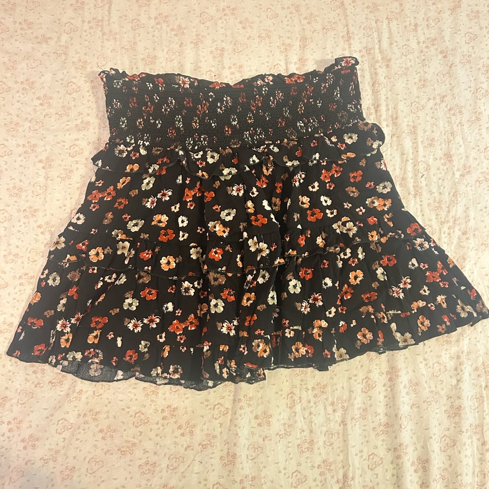 Pink and Red Floral Smocked Ruffled Mini Skater Skirt